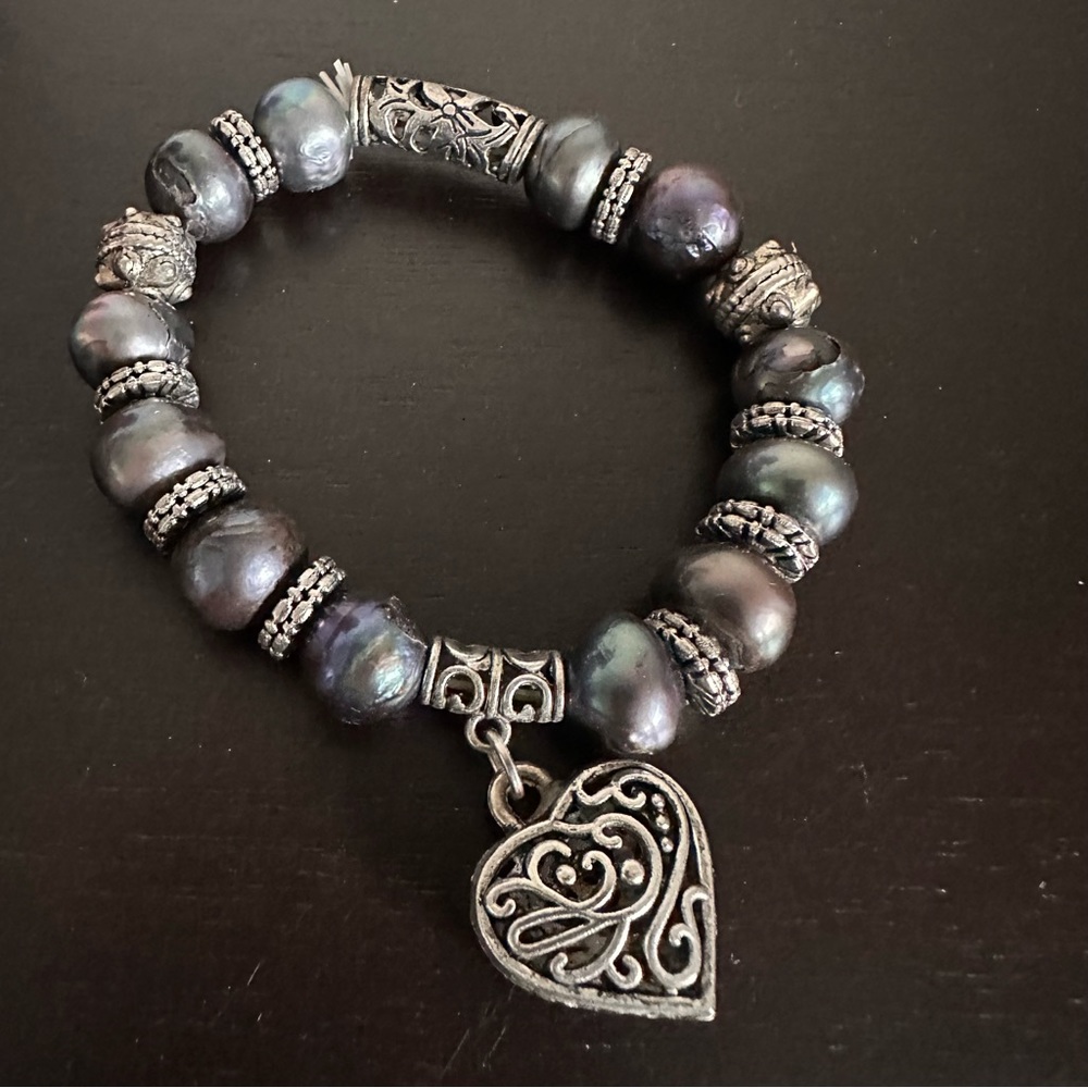 Beaded Purple Silver Bracelet with Heart-Shaped Charm